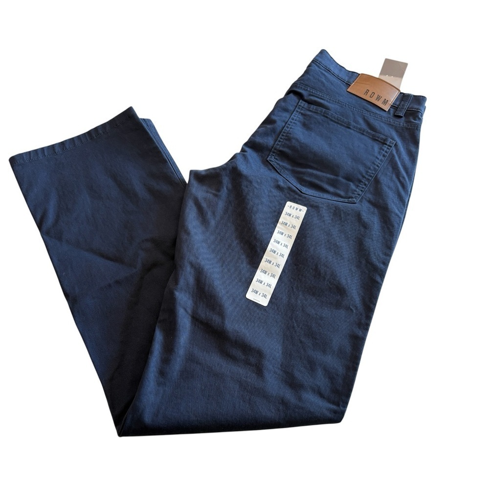 ROWM Denim Twill Flat Front Casual Chino Navy 5 Pocket Pants 34 - Picture 2 of 8